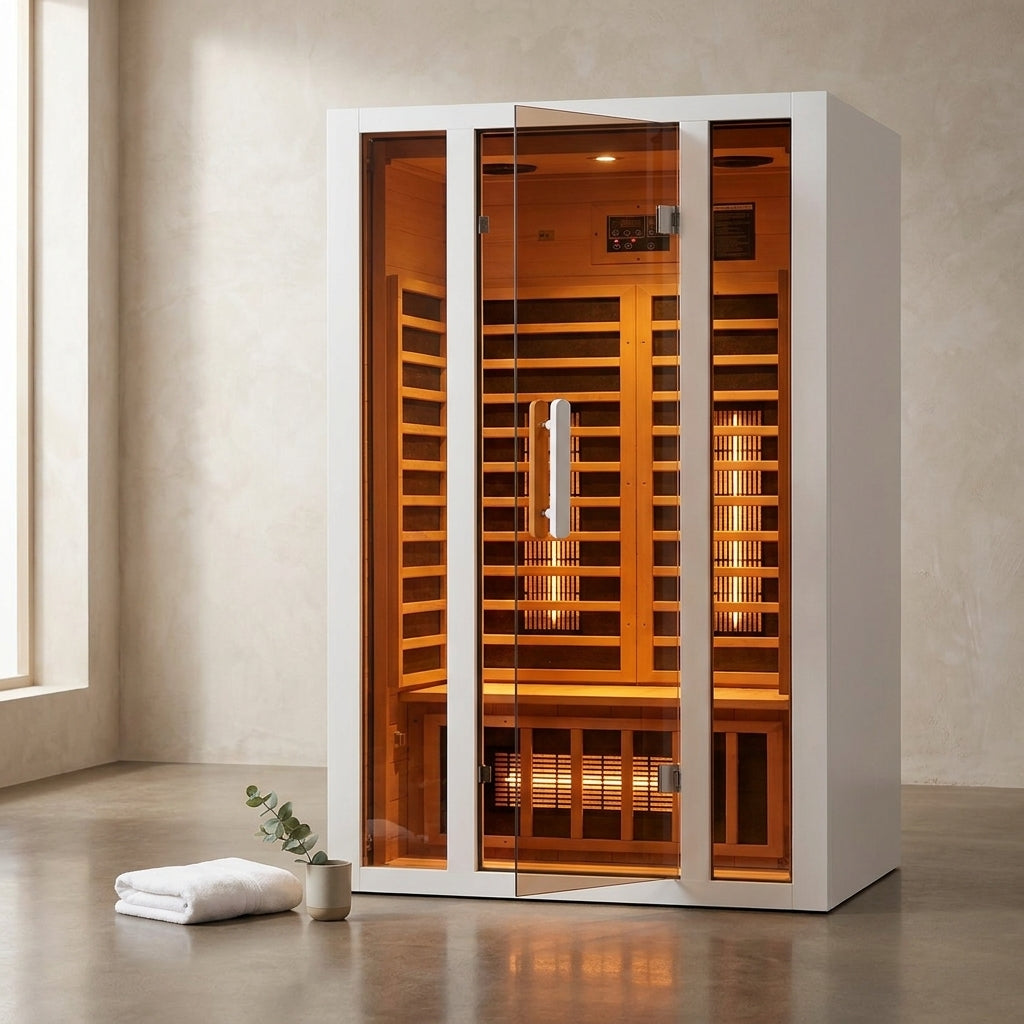 2 Person Extendable FAR Infrared Sauna for Home, Hemlock Wood Low EMF 6 Carbon Heaters Indoor Saunas with LED Lights, Bluetooth Speaker, Digital Control Panel, and Seating Bench — Studio Shot