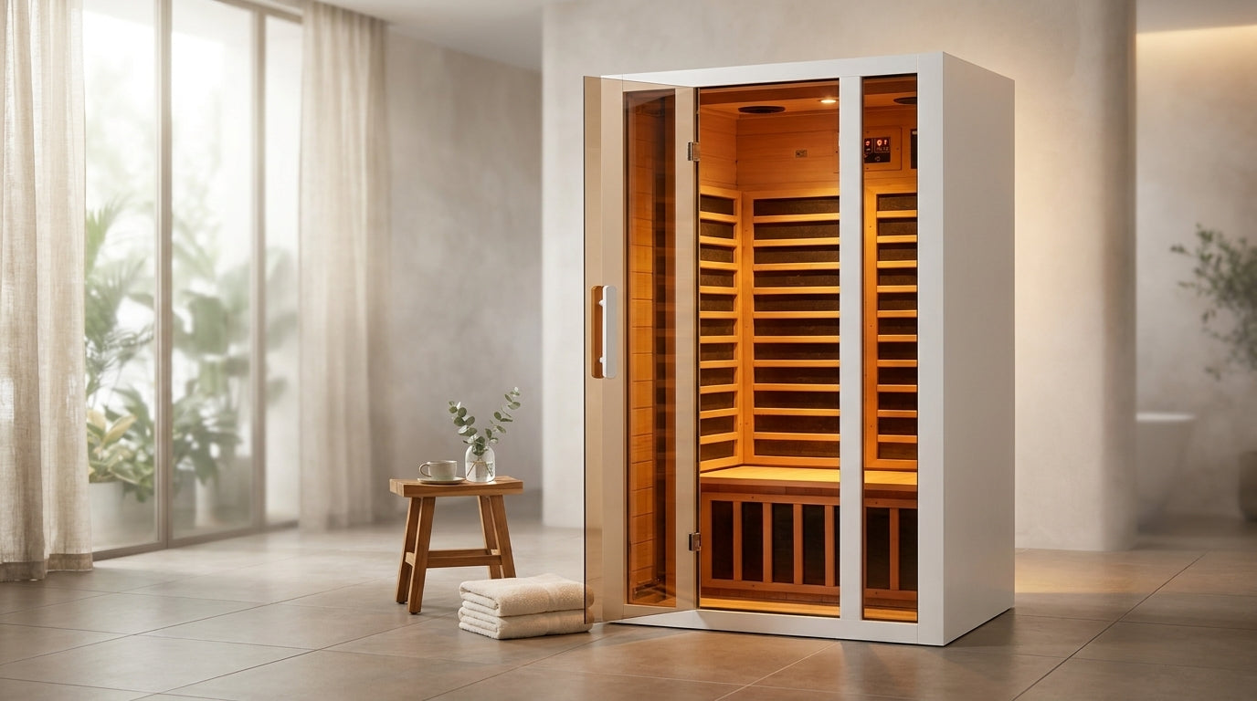 2 Person Extendable FAR Infrared Sauna for Home, Hemlock Wood Low EMF 6 Carbon Heaters Indoor Saunas with LED Lights, Bluetooth Speaker, Digital Control Panel, and Seating Bench — Lifestyle