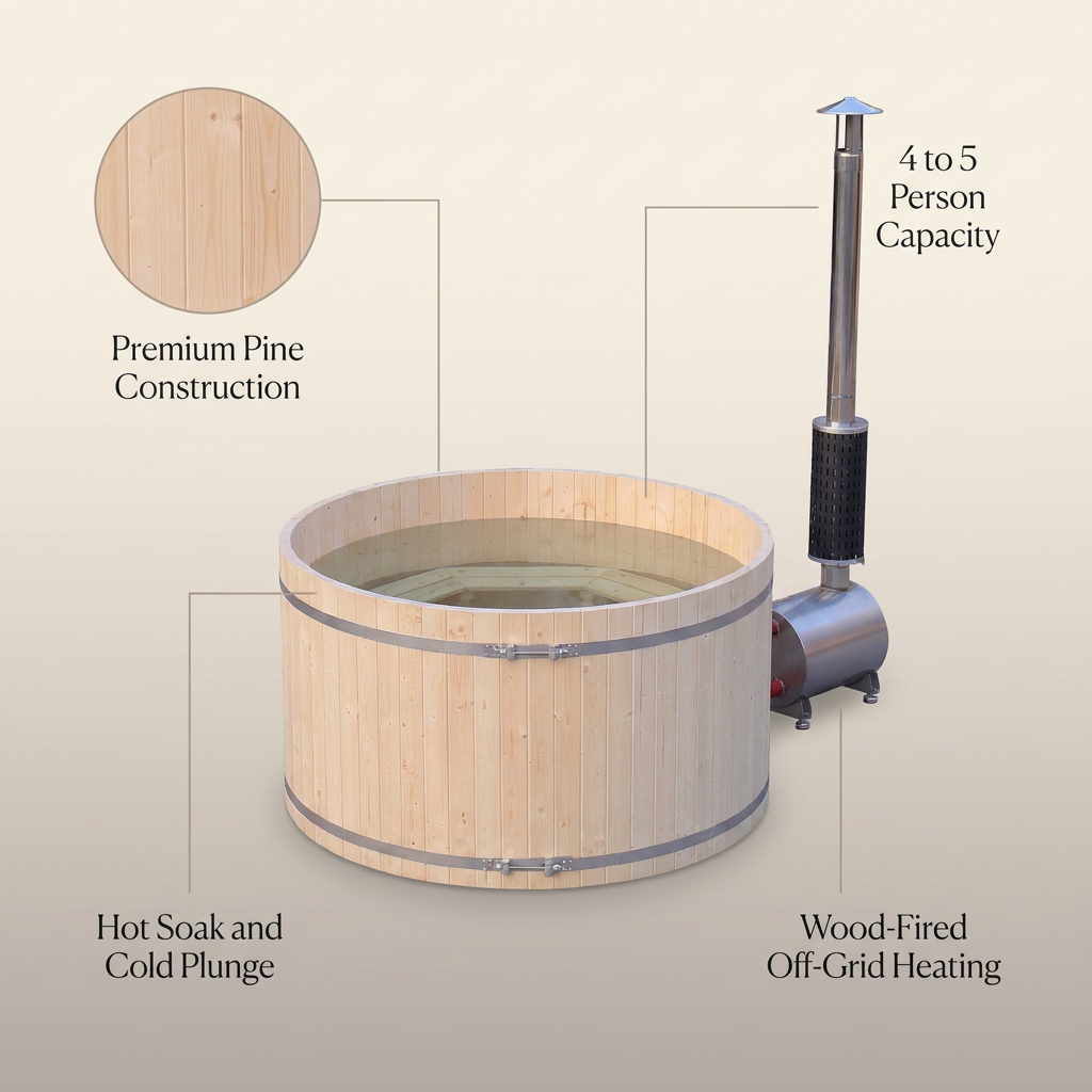 PEWSHTUB Pine Hot Tub and Ice Bath 4-5 Person with Wood-Fired Heater — infographic