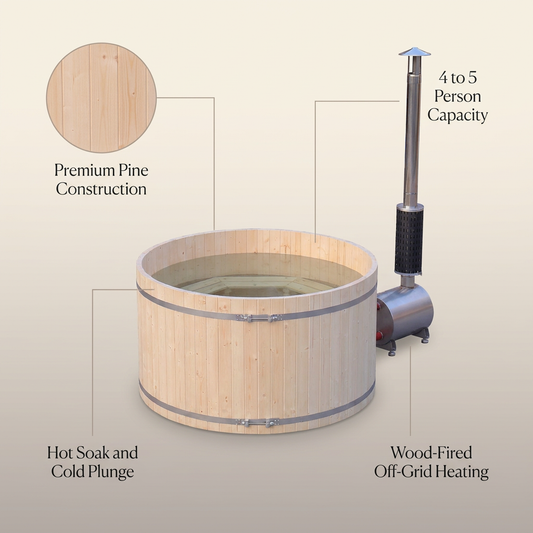 PEWSHTUB Pine Hot Tub and Ice Bath 4-5 Person with Wood-Fired Heater — infographic