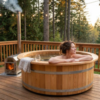 PEWSHTUB Pine Hot Tub and Ice Bath 4-5 Person with Wood-Fired Heater — Lifestyle